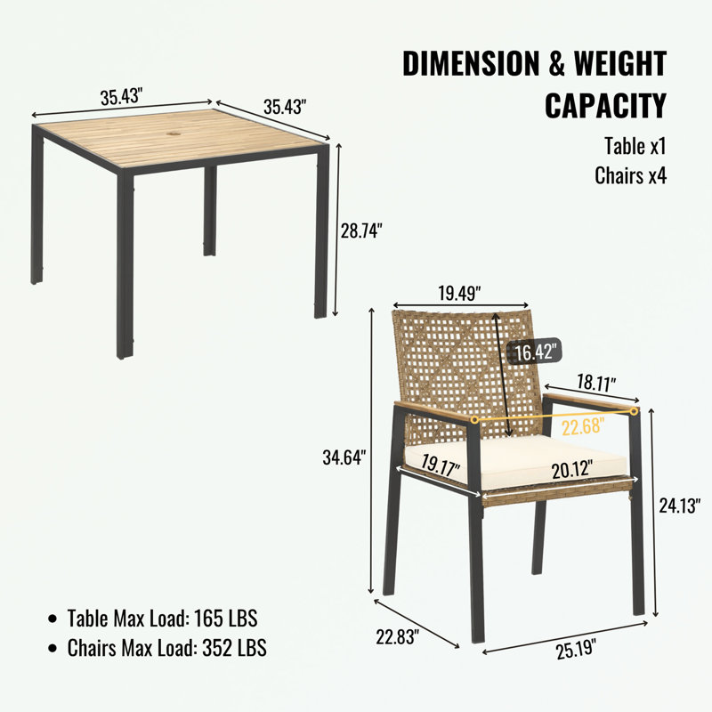 5-Piece Patio Dining Table Sets with Umbrella Hole, Beige/Brown