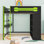 Lit mezzanine en bois avec bureau, garde-robe ouverte et éclairage RVB