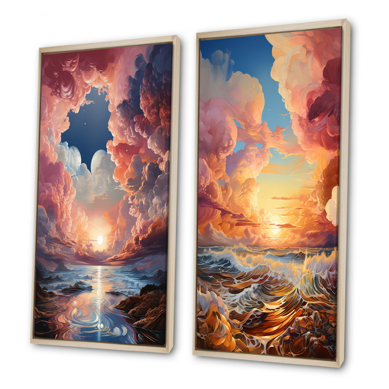 Nuage coucher de soleil à l'encre liquide, ensemble de 2 art mural, Cadre flottant brun, H 28 po x l 25 po