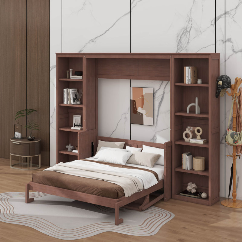 Lit escamotable double avec bureau et bibliothèque, Lit double