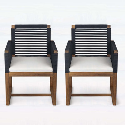 Ensemble de 2 chaises de salle à manger d'extérieur, fauteuil de patio en bois d'acacia avec corde et coussins lavables pour la cour, le bord de la piscine et le jardin