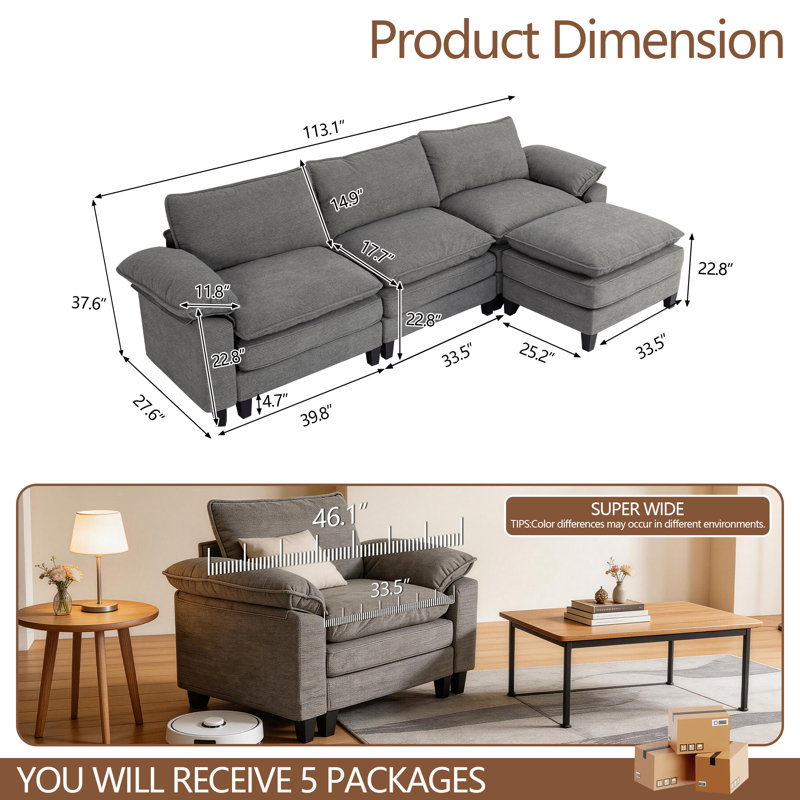 Canapé modulaire de 113 po avec housses amovibles en chenille de 113 po, Gris chenille, H 37,6 po x l 113 po x P 53 po