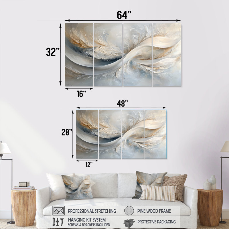 Vagues grises et blanches de l'introsection II - décor mural blanc - art mural moderne, 4, H 28 po x l 48 po