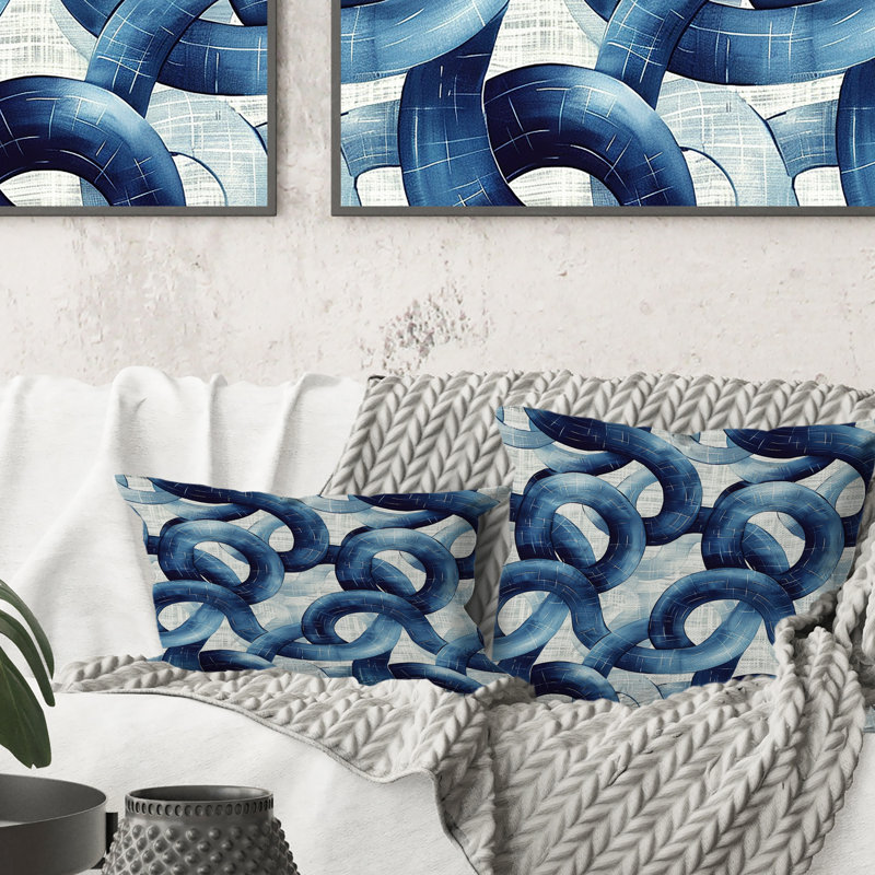 Coussin bleu et blanc Midcentury Basketweave, H 16 po x l 16 po