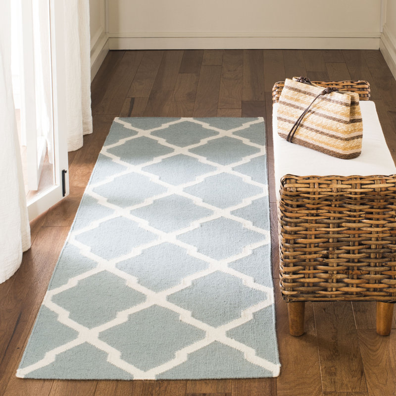 Dhurrie Hand Woven Flat Weave Wool/Cotton Geometric Rug in Light Blue/Ivory, Runner 2'6" x 12'
