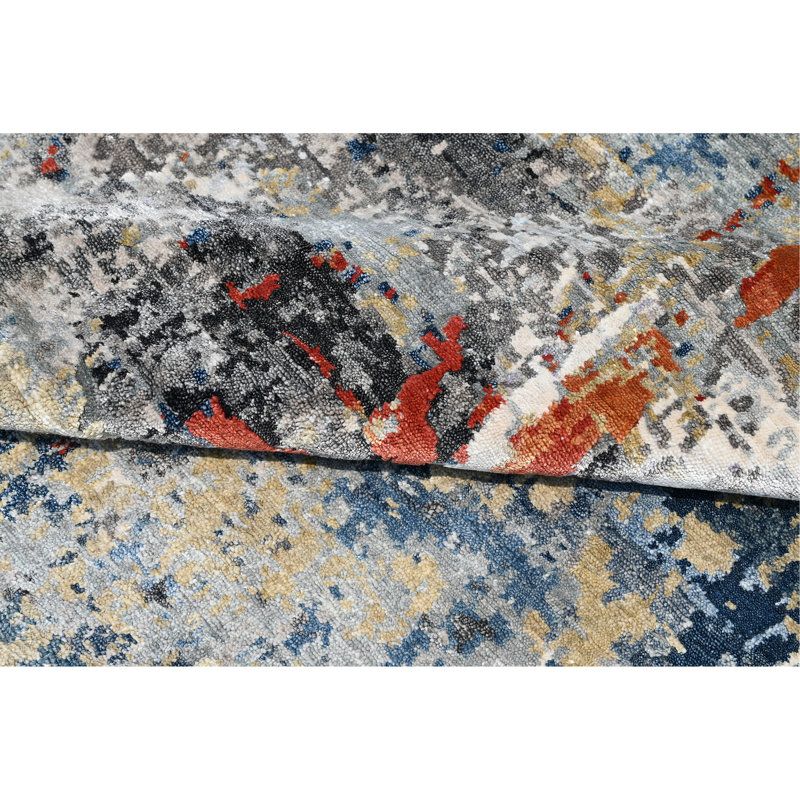 Hand Knotted Abstract Area Rug in Blue/Red/Ivory, Round 6'