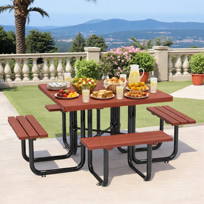 Ensemble de table de patio extérieur avec bancs intégrés et trou pour parasol
