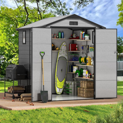 Remise de rangement extérieure en résine durable de l 6 pi x P 6 pi avec plancher, remise de jardin en plastique imperméable et résistante aux rayons UV pour les outils de jardin, les vélos et l'équipement, remise de rangement durable pour l'extérieur