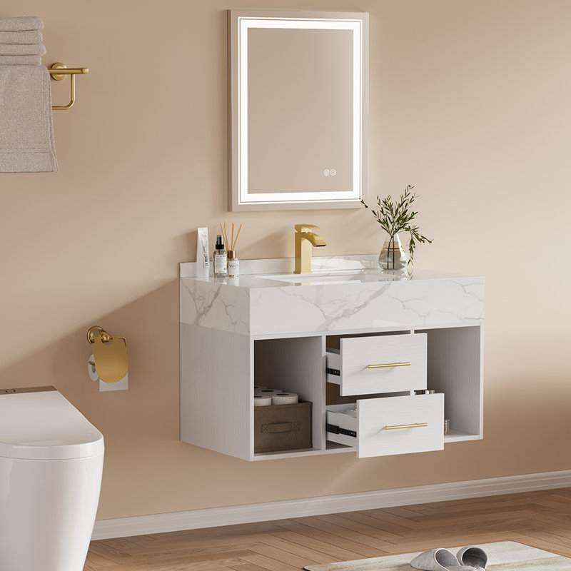 Ensemble de meuble-lavabo mural flottant blanc moderne avec pierre frittée encastrable 35 po Chiverton, Blanc / Doré, 35"