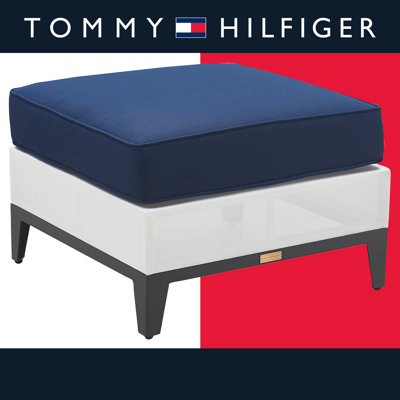 Tommy Hilfiger Hampton Outdoor Ottoman with Cushion, Coastal White and Navy