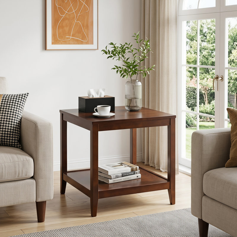Table de bout carrée en bois massif à 2 niveaux, table d'appoint transitionnelle de style campagnard avec tablette de rangement ouverte, table de chevet en bois brun foncé et table d'appoint pour le salon, la chambre et le bureau