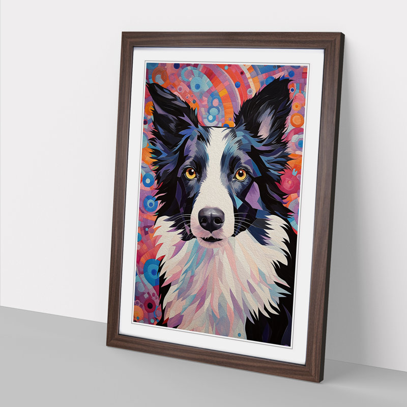 Border Collie Art Deco - Single Picture Frame Print on Wood, 46cm H x 34cm W x 2cm D, Walnut Framed
