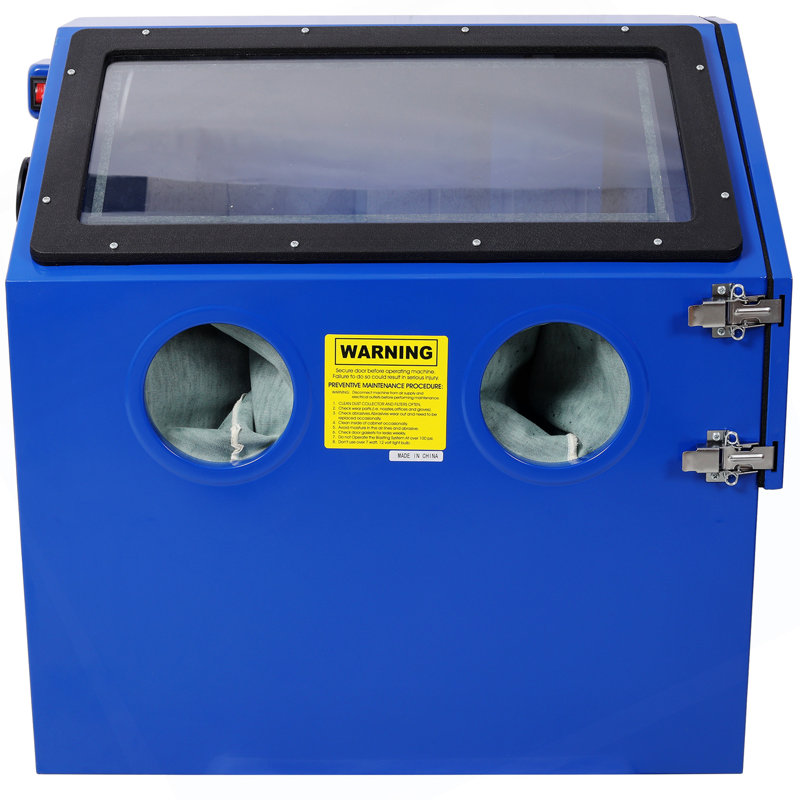 Cabinet de sablage de table de 110 L, conception ergonomique et compacte pour un sablage précis, avec fabrication en acier lourd et gants de soufflage intégrés pour aucune fuite de sable, système d'éclairage à DEL lumineux