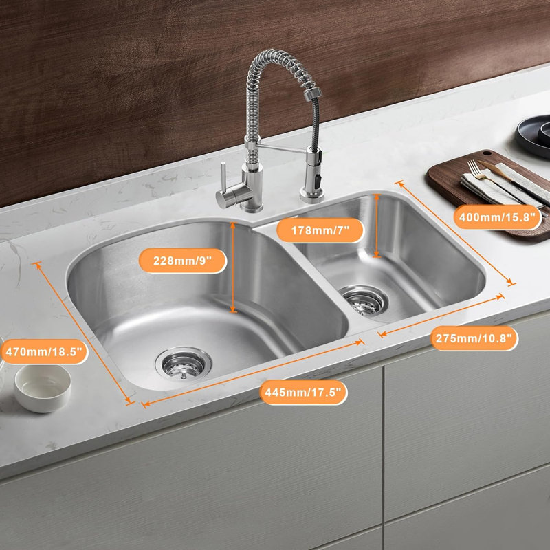 18 Gauge Stainless Steel 31.5 inch Undermount Kitchen Sink One and Half Bowl, 31.5" x 20.5" x 9"
