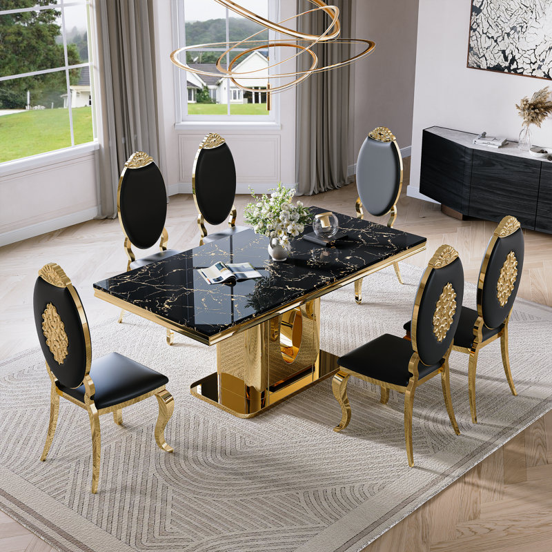 Faux Marble Top Pedestal Dining Set, Black/Gold, Black/Gold, 7 Pieces: Table, 6 Chairs