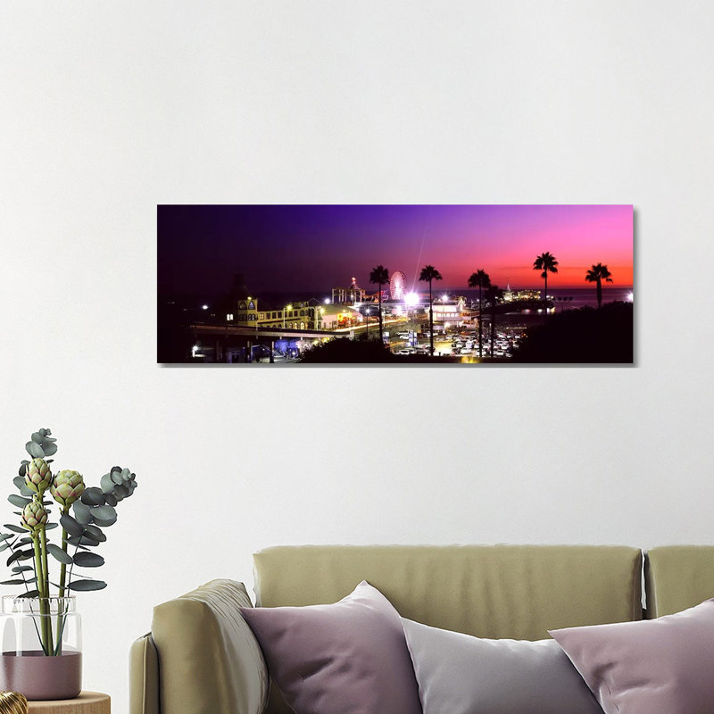 Amusement Park Lit Up At Night, Santa Monica Beach, Santa Monica - Wrapped Canvas Panoramic Print