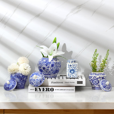 Small Blue And White Vase Porcelain Vases Blue Chinoiserie Decor Porcelain Ginger Jars For Home Chinoiserie Decor For Bedroom Table Accent Shelf Tabletop(elegant,4 Pcs)