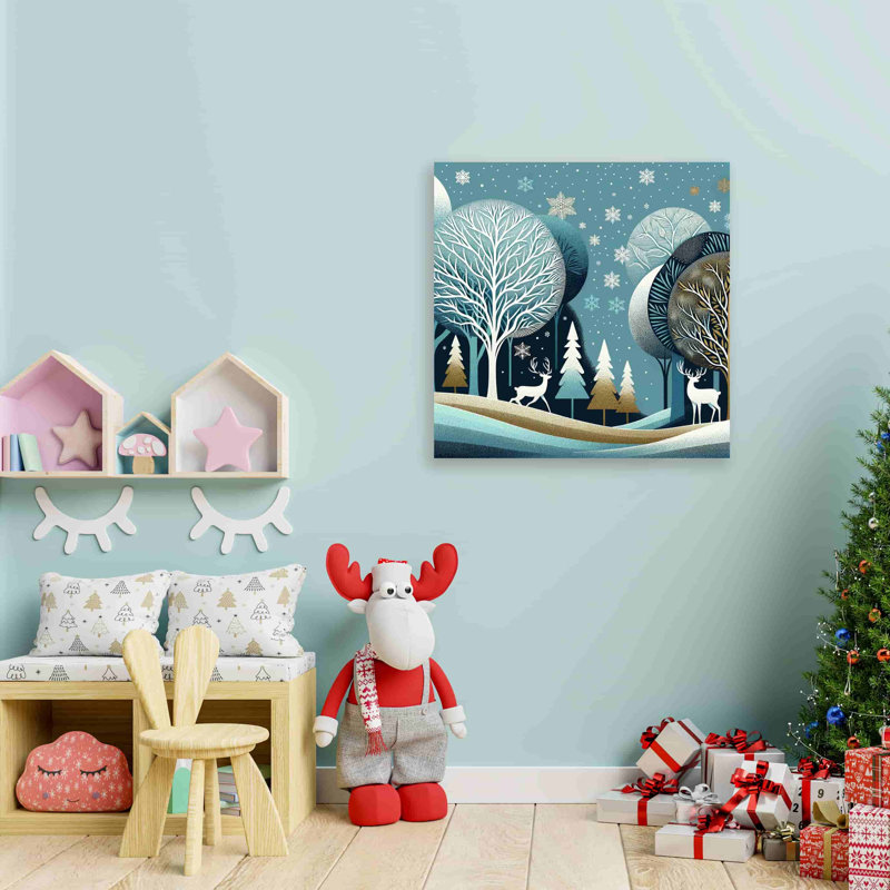 «Enchanted Winter Night: Stylized Trees and Snowflakes», art sur toile, H 20 po x l 20 po x P 1,5 po