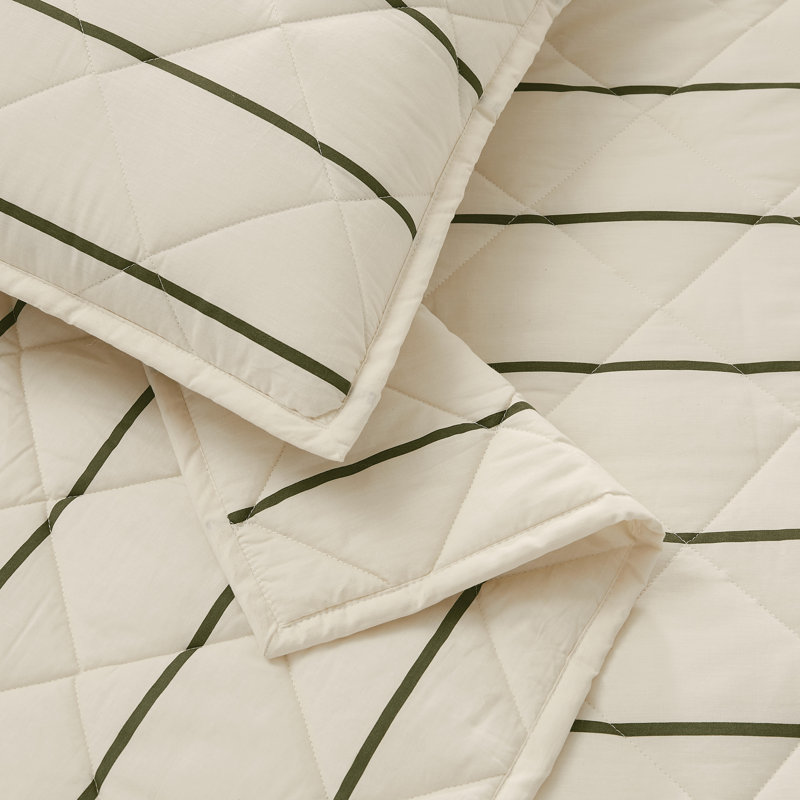 Brooklyn Loom Hayward Stripe Quilt Set, Ivory/Green, Queen Quilt + 2 Standard Shams