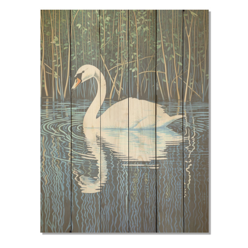 Swans Reflection By The River - Art sur bois de pin naturel, H 40 po x l 30 po