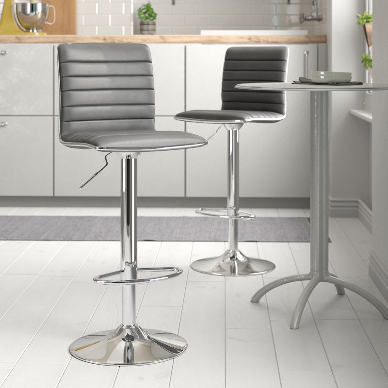 Ahlers Swivel Upholstered Faux Leather Adjustable Height Bar Stool with Steel Frame, Grey
