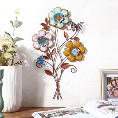 Flower Wall Decor Vintage Metal Wall Art Decor Rustic Hanging Wall Flowers Decorative Metal Floral Art For Home Living Room Bathroom Indoor Outdoor Decors, 15 X 9.1 Inch (1 Piece)