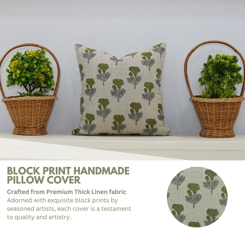 Block Print Throw Pillow Cover MNHGRTLSquare, Green Floral 2, Square 20"