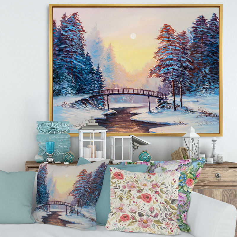 Petit pont et paysage couvert de neige - peinture sur toile, H 16 po x l 32 po x p 1 po, Cadre flottant doré