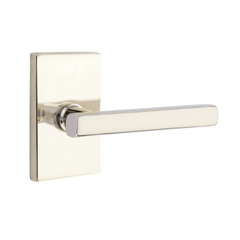 Flat Privacy (Bed & Bath) Door Lever with Rectangle Rosette, Bright Nickel, Right