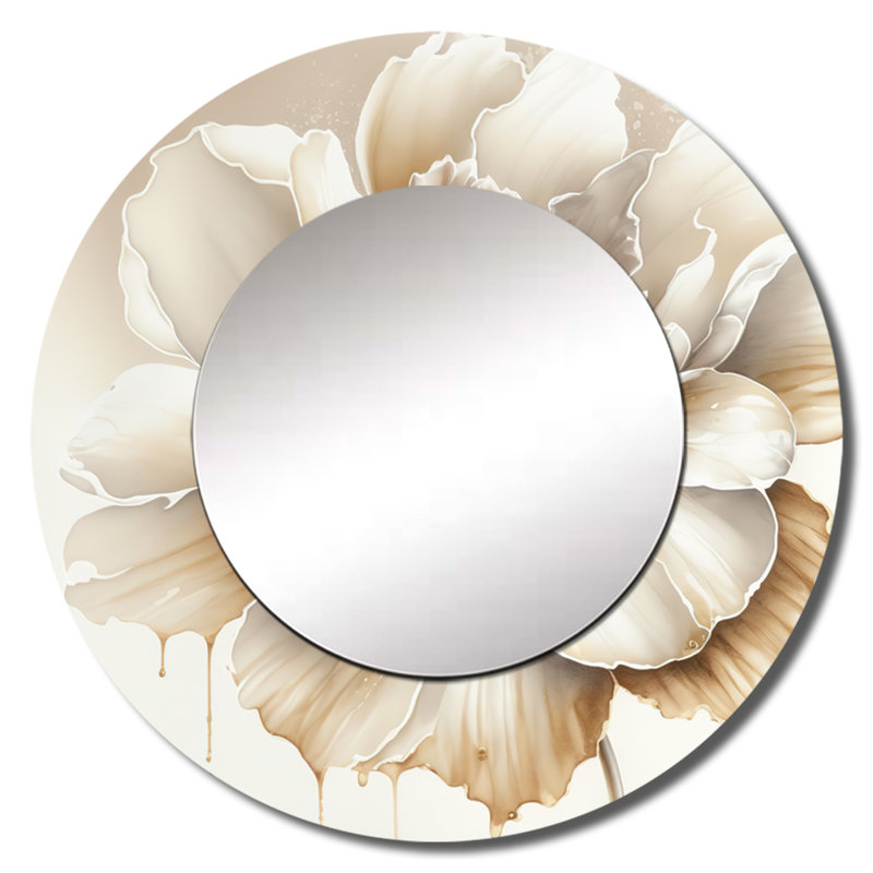 Quess Blooming Beige Floral Design II - miroir mural décoratif floral, grand miroir rond traditionnel, impression d'art en métal