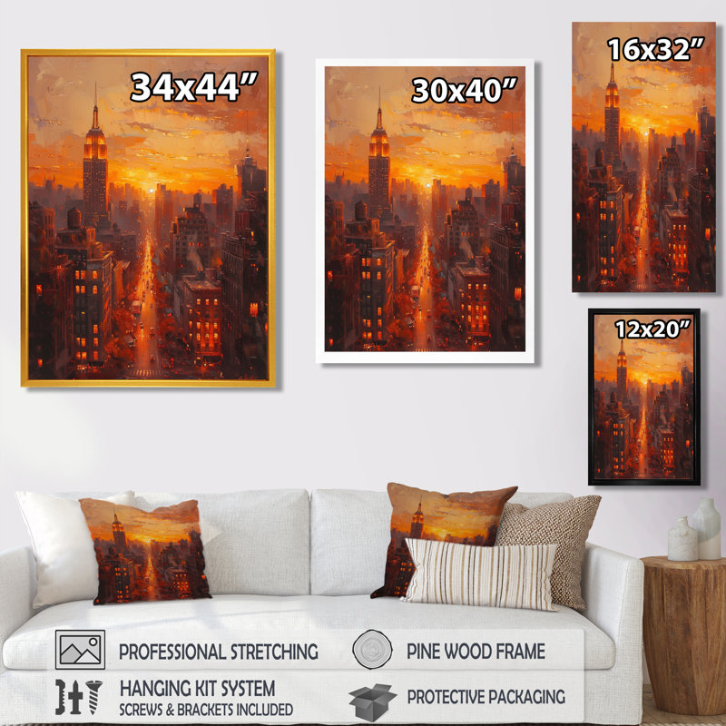 «New York Skyscrapers Metropolitan Horizon» - Décoration murale gratte-ciel, Toile encadrée noire simple