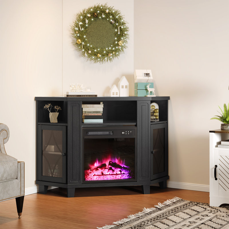 Meuble télé d'angle pour téléviseur de 55 po ou moins avec foyer inclus, Noir, noir, noir, noir