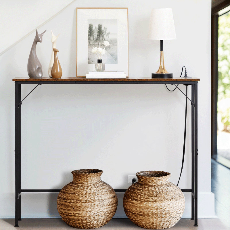 Console Table With Charging Station For Living Room, Rustic Brown, 80cm H x 120cm W x 20cm D
