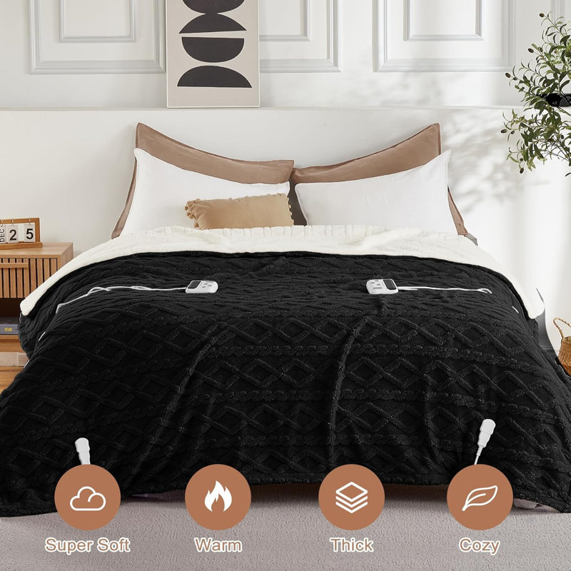 Throw 50" x 60" Black Heated Blanket – 10 Heat Settings, LCD Controller, Fast Heating