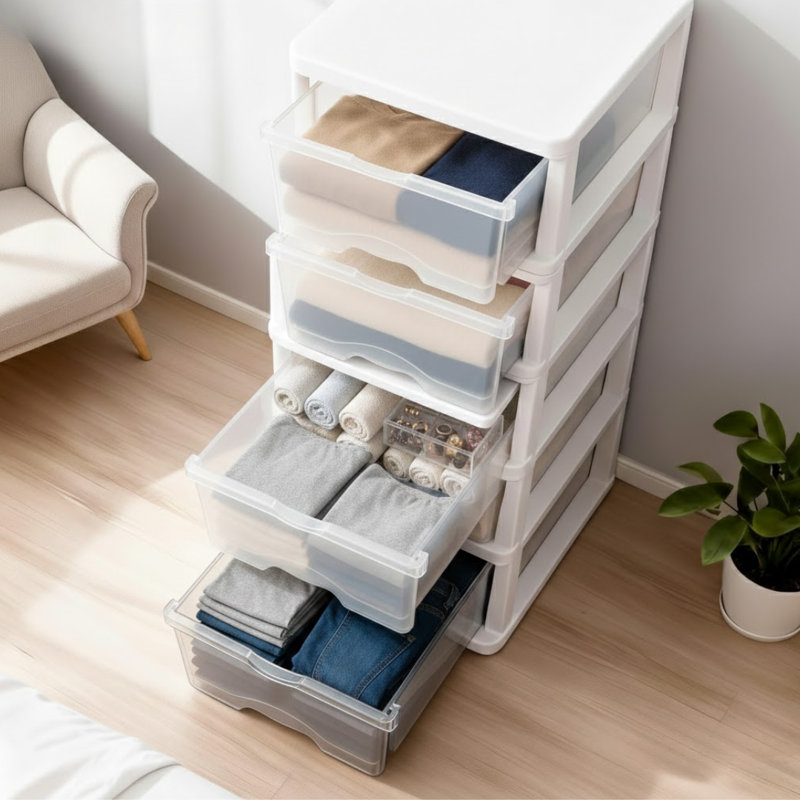 Armoire de rangement en plastique à 5 tiroirs, organisateur durable blanc transparent pour vêtements, chambre à coucher, salle de bain, placard et bureau
