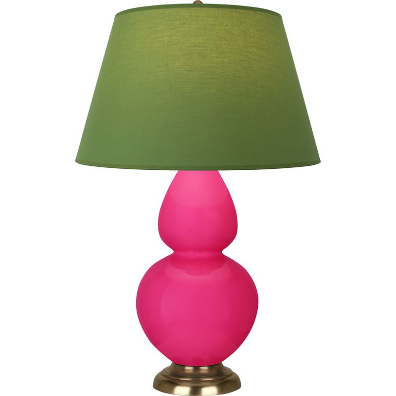 Lampe de table double gourde en céramique, Thé vert / taupe, Rose Razzle glacé / laiton, Laiton