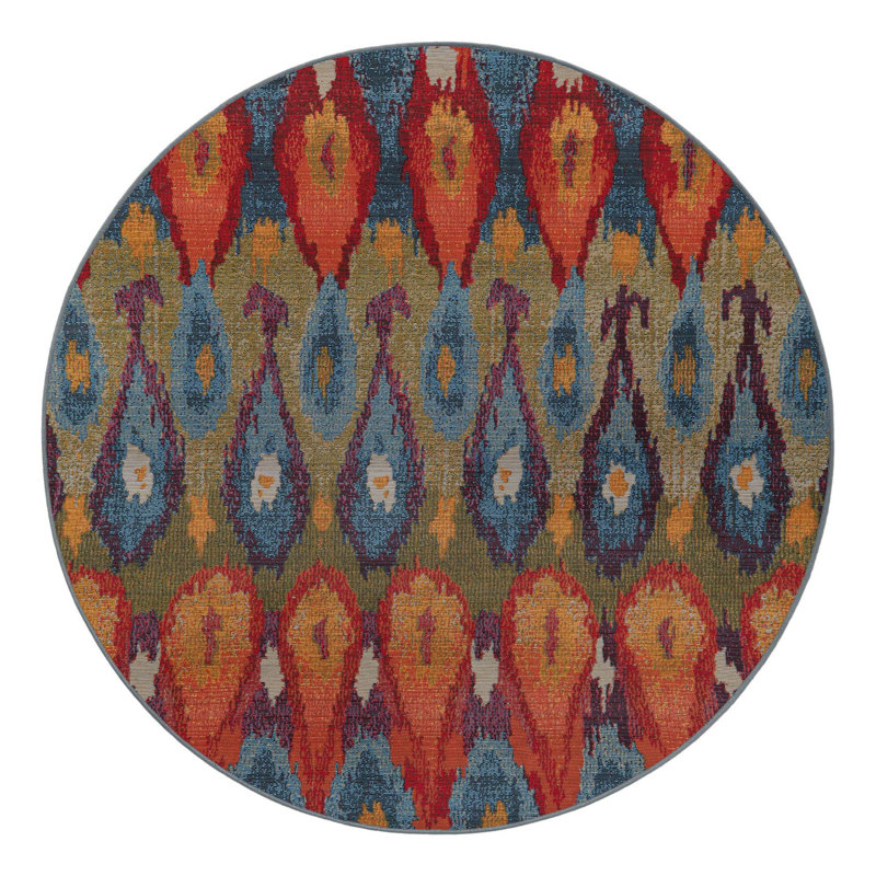 Tapis bleu intérieur / extérieur Newt Ikat, Rond 5 pi 1 po