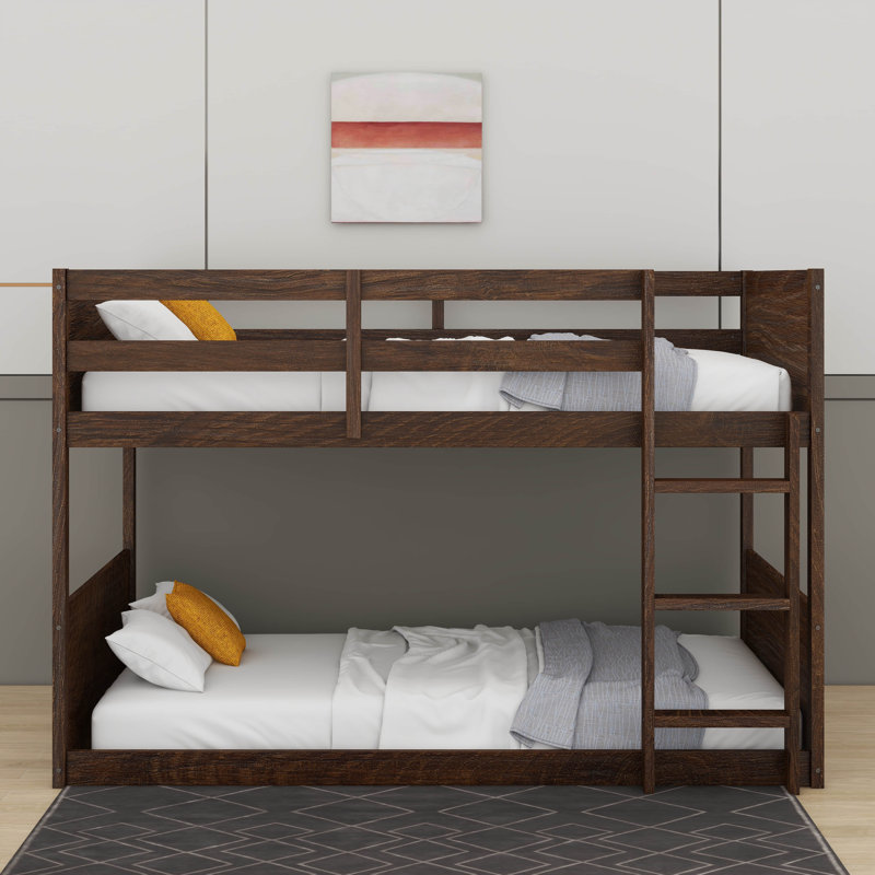 Twin Over Twin Floor Bunk Bed With Panelled Headboard And Footboard, Antique Oak