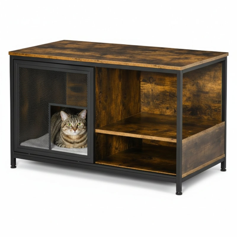 Maison pour chat en bois conçue pour servir de table de bout.
