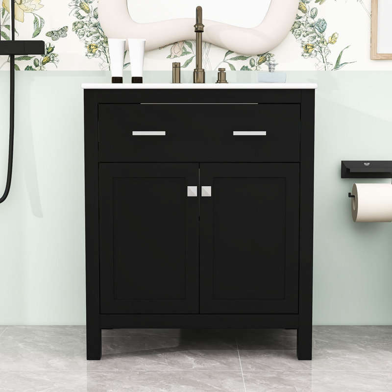 Meuble-lavabo de salle de bain avec lavabo, portes à fermeture douce et tablette réglable, Noir