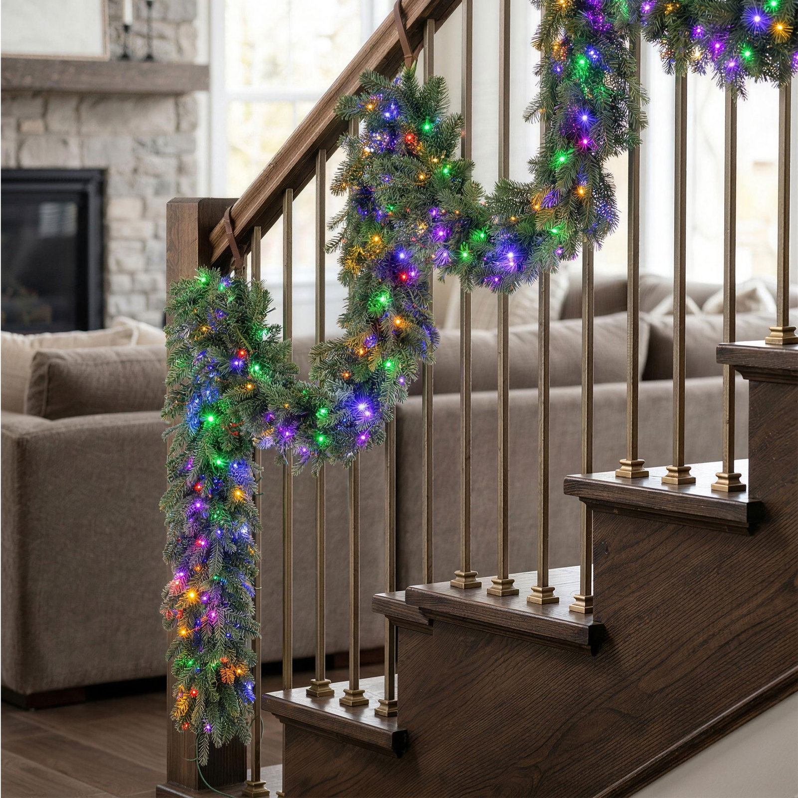 12ft Pre-Lit Greenery Pine Garland – 300 White/Multi-Color Twinkling Lights, 10 Functions, 12'