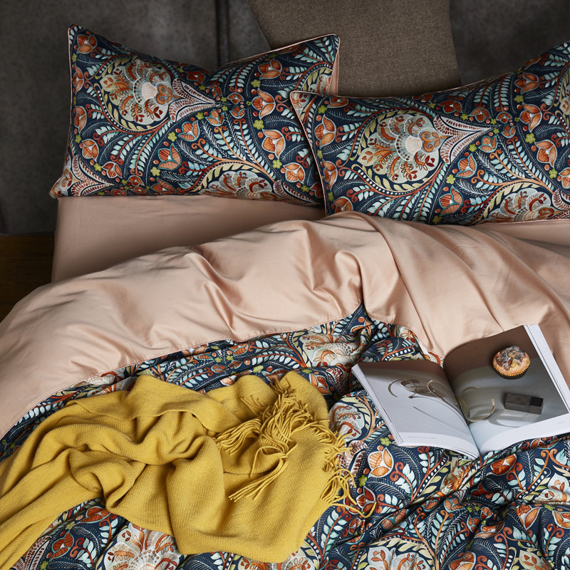Vintage Floral And Leaf Printed  Microfiber Comforter Set, Queen Comforter + 2 Standard  Pillowcases, Dark Blue/Orange Floral