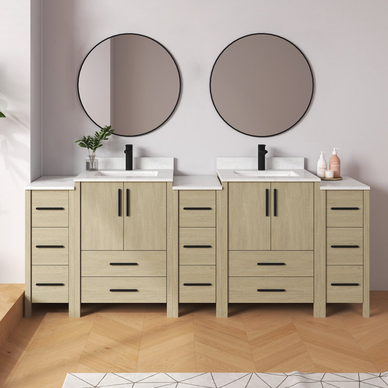 Ensemble de meuble-lavabo double autoportant 84 po Aura avec plateau et dosseret en marbre d'ingénierie Aura