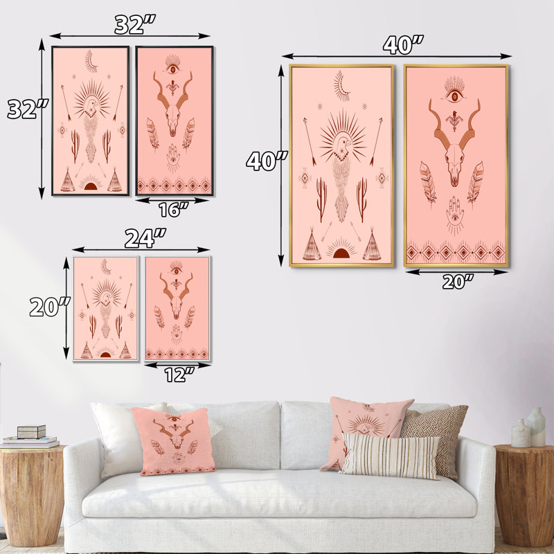 Boho Tribal Elements in Tones of Pink III - ensemble de 2 reproductions, H 32 po x l 32 po x P 1 po, Cadre blanc