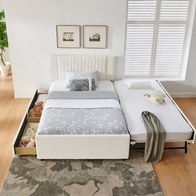 Vertical Channel Tufted Headboard & Nailhead Trim Space Saving Upholstered Bed