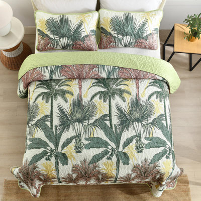 3-Piece Tropical Plants Quilt Set Botanical Bedspread Rainforest Style Bedding Set Soft Lightweight All Season Bed Cover