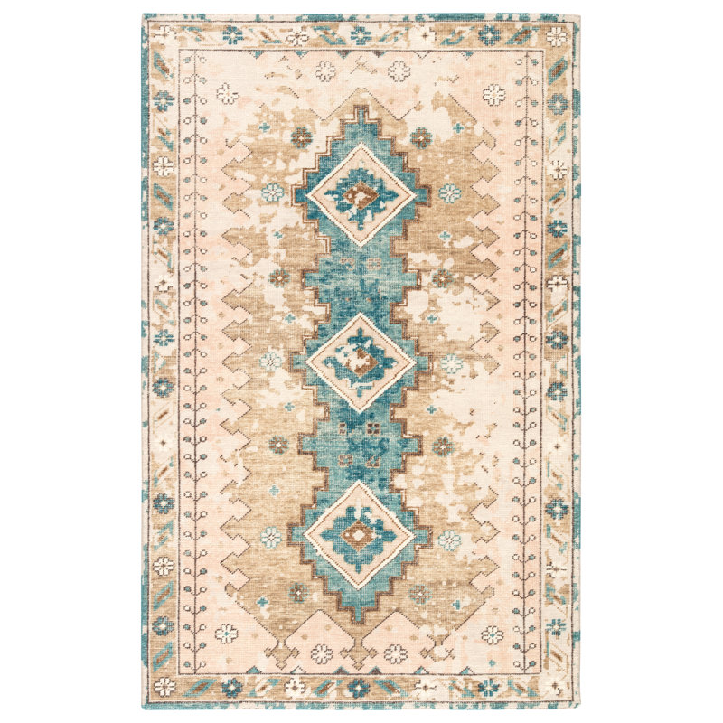 Hand Knotted Wool Oriental Area Rug in Pink/Blue, Rectangle 5' x 8'
