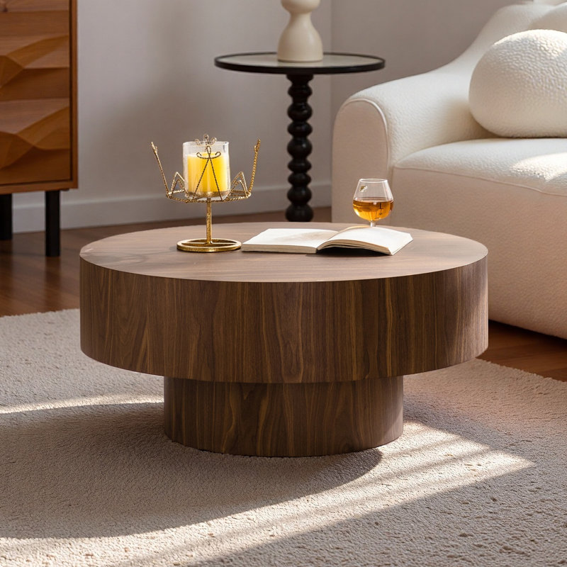 Table basse ronde 30 "Mid Century, texture bois brun pour le salon