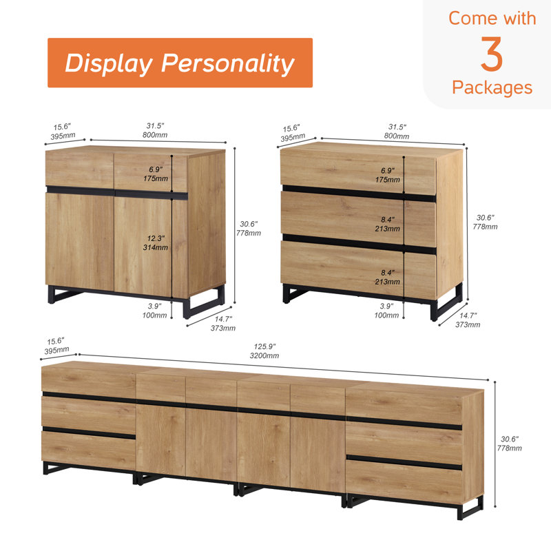 Buffet Jorgenson 4-en-1 moderne avec 6 tiroirs et tablettes réglables, Chêne