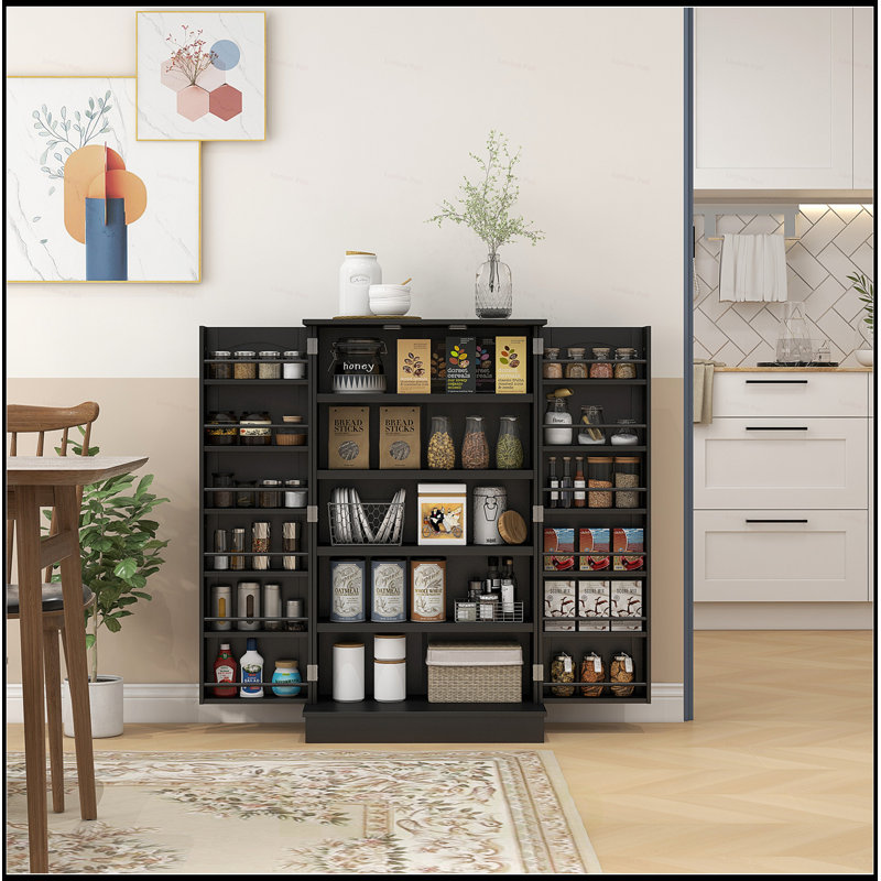 Kitchen Pantry Storage Cabinet, Freestanding with 12 Door Shelves, Double Doors, 5-tier Shelving and Adjustable Shelves